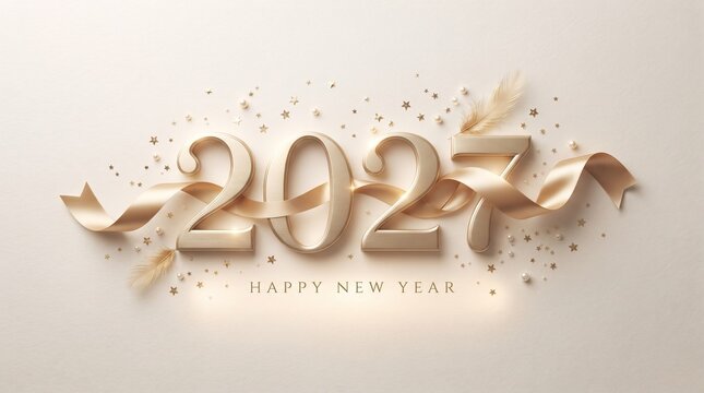 Elegant 2027 New Year Celebration Design featuring Gold Three-Dimensional Typography with Flowing Ribbon Accents and Shimmering Confetti Particles on a Soft Neutral Background