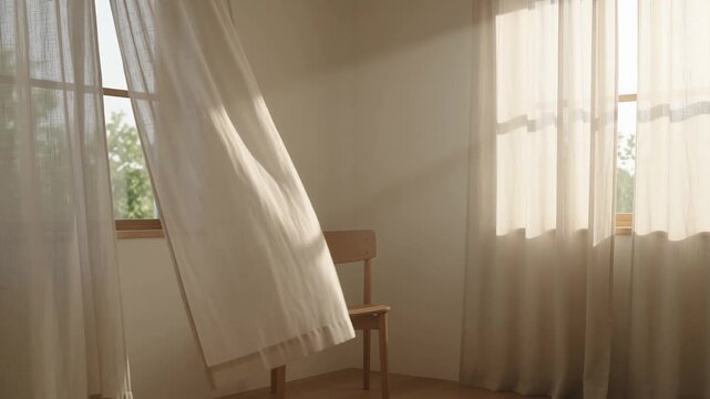 White sheer curtains gently billow in morning sunlight, casting shadows on a warm wall