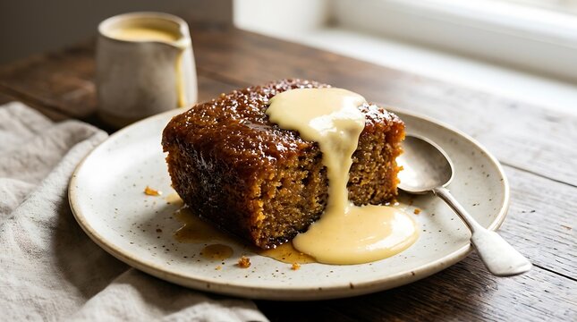 A warm slice of sticky toffee pudding topped with creamy custard on a plate. Afrikaans food recipe
