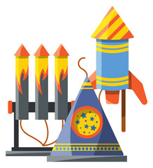 Fototapeta premium A blue and yellow firework rocket is on top of a blue and yellow firework