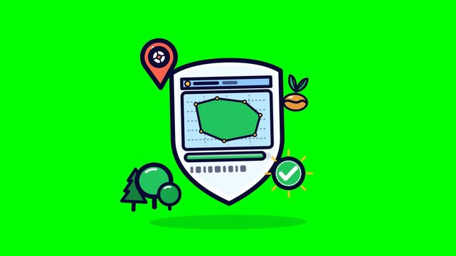 Premium vector motion loop of EUDR deforestation risk assessment shield with geolocation verification and approved compliance seal on green screen chroma key background.