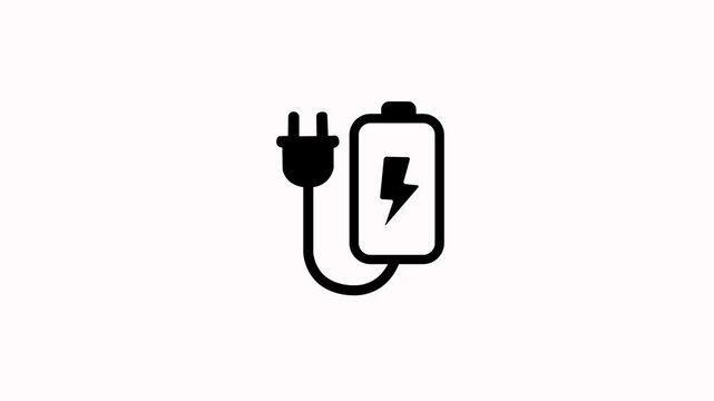 Battery charging icon with electric plug and lightning bolt animation on white background. Battery charging plug icon animation for charging supply, connection, energy, power and technology concepts