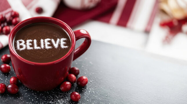 Hot chocolate mug cranberries red cup holiday table with believe foam lettering and cozy winter decoration creating warm seasonal comfort