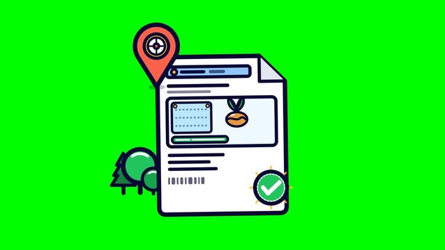 Premium vector motion loop of EUDR Due Diligence Statement document with geolocation origin verification and approved compliance seal on green screen chroma key background.
