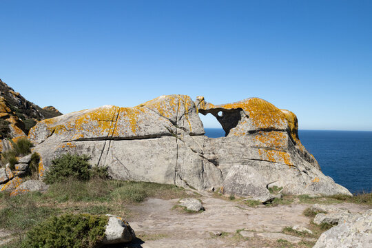 campana rock formation at cies islands natural park in galicia spain