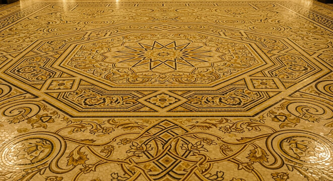 An intricate golden mosaic floor showcases stunning traditional geometric patterns spanning across the grand hall, reflecting historical architecture and artisan craftsmanship beautifully