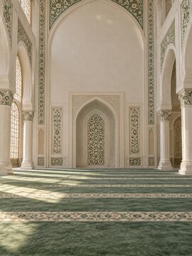 Empty cream mosque prayer hall with green carpet and floral arches