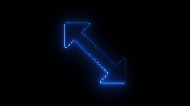 Diagonal double arrow icon glowing in bright blue neon light, showing an expand symbol for screen resize on solid dark black background