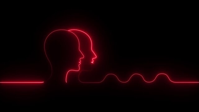 Human head profile drawn in continuous red neon line, displaying an illuminated person face outline with wave pulses on black background..