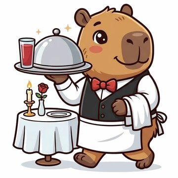 Polite cartoon capybara waiter serving dinner on silver tray in fancy restaurant, fine dining illustration isolated on white background