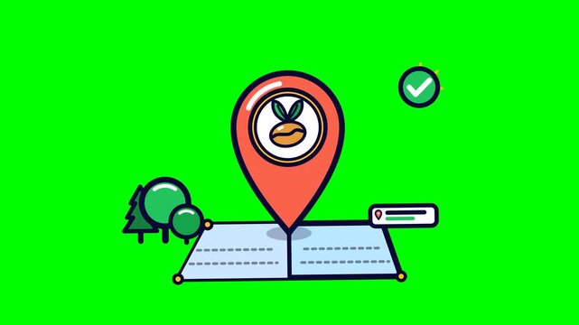 Premium vector motion graphics loop of EUDR geolocation map pin verifying deforestation-free agricultural commodity production plot on green screen chroma key background.