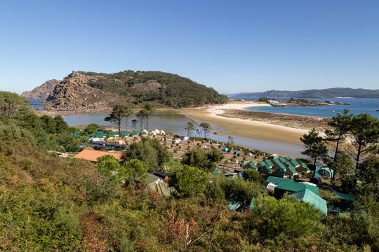 Scenic view of the camping site at Cies Islands natural park in Galicia Spain