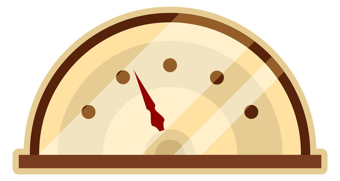 A round dial with a red pointer and a clock on it