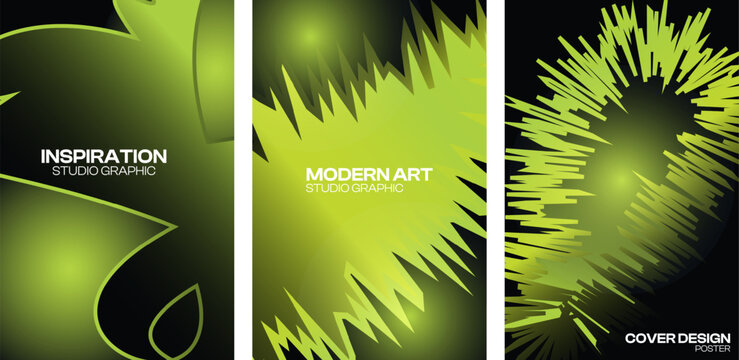 Abstract green cover templates set. Vector vertical poster, brochure, and banner layouts with glowing sharp geometric wave shapes and dark gradient background.
