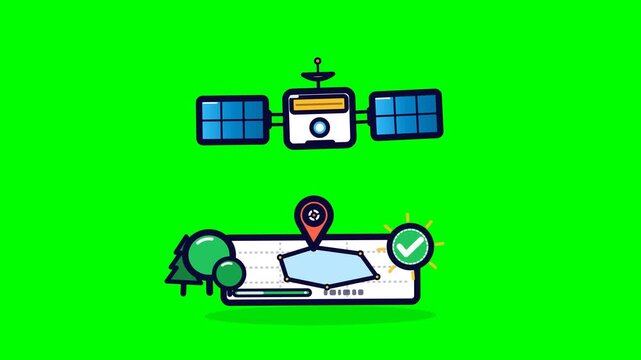 Premium vector motion loop of earth observation satellite monitoring forest plot geolocation and EUDR deforestation-free compliance on green screen chroma key background.