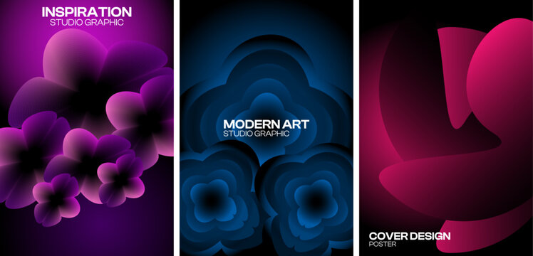 Abstract floral cover templates set. Vector vertical poster, brochure, and banner layouts with glowing 3D flower shapes and dark gradient backgrounds.