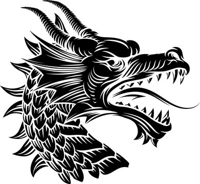 Dragon head, an original illustration in a retro woodcut etching vintage style