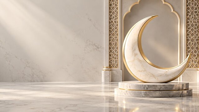 Ivory marble crescent with gold edges on a round stone pedestal
