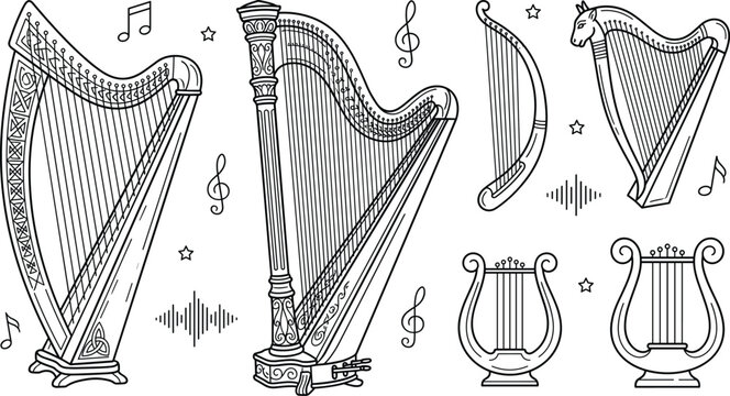 Classical string harps and musical instrument icons line art vector set
