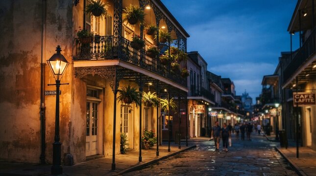 Cobblestone street glows under lantern light. Balconies cascade with hanging plants and wrought iron. Soft dusk paints the old buildings with warm amber hues. People stroll slowly