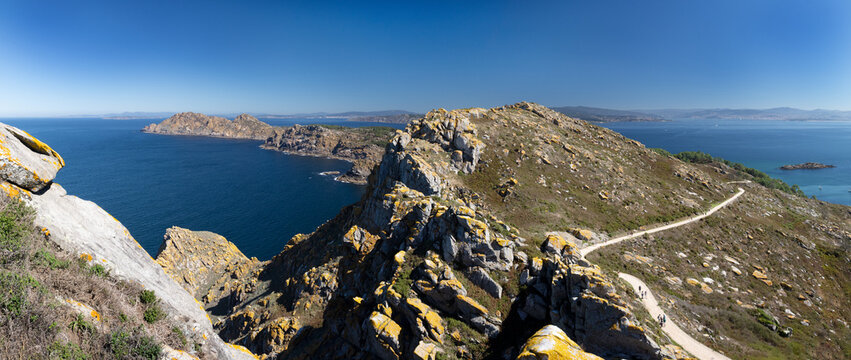 panoramic view of cies islands from monte faro in galicia spain