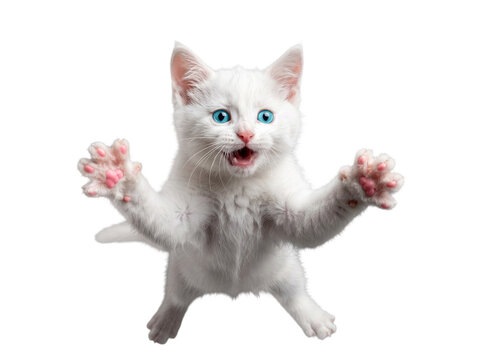 White kitten pouncing with blue eyes isolated