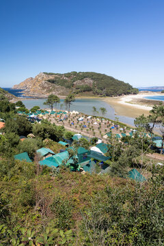 View of the camping site at Cies Islands natural park in Galicia Spain