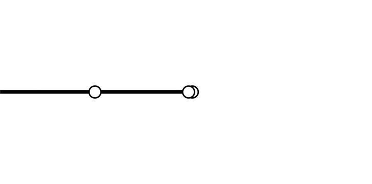Minimalist horizontal timeline animation with growing white line and circular nodes on black background.