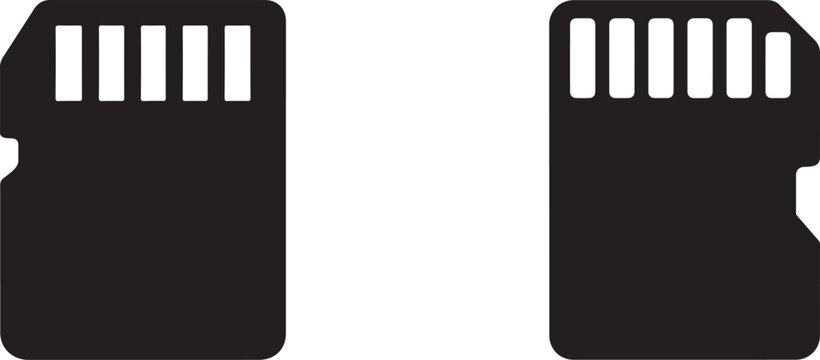 Front and back view SD memory card vector icon set for digital storage and technology.