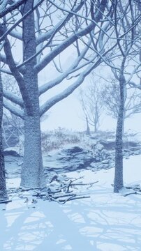 Snow covers the ground and trees in a winter scene. Thick snow blankets the branches. The area shows a calm atmosphere with no signs of people.