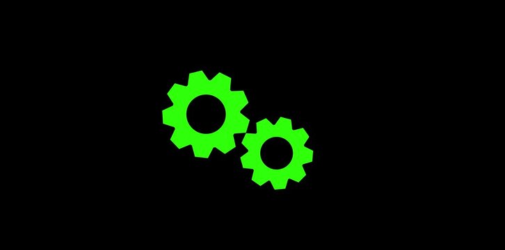 Two setting icon interconnected gears rotating outline 2D object doodle animation. Rotating gear animation featuring Two dark gray matte gears spinning continuously on black background