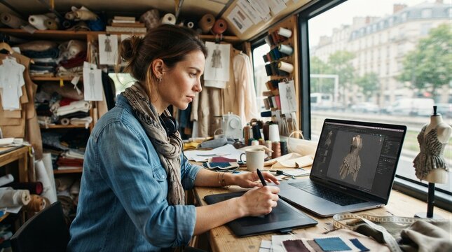 Creative designer works in cozy, cluttered studio. Focused eyes follow digital sketch on tablet screen. Natural light fills workspace through large window. Shelves hold fabric rolls and sewing tools