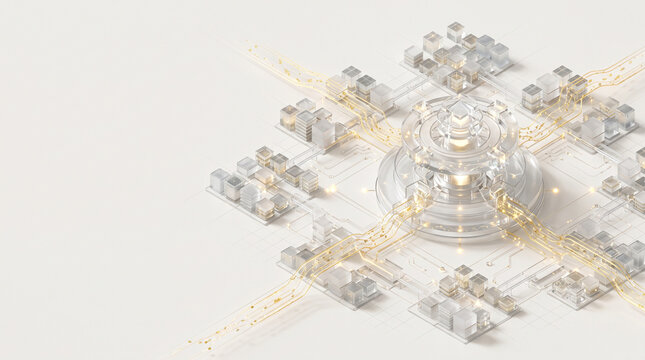 Isometric 3D render of glass API management hub routing glowing gold microservice requests across distributed container networks on off white backdrop with copy space