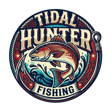 Circular fishing logo features a redfish jumping out of blue water with text "TIDAL HUNTER FISHING" and a rope border, conveying an active outdoor theme.