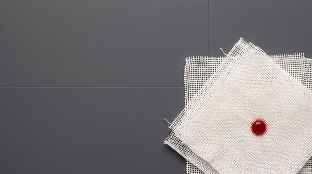 Single drop of red blood on white sterile gauze bandage over dark gray clinical background for medical health concept
