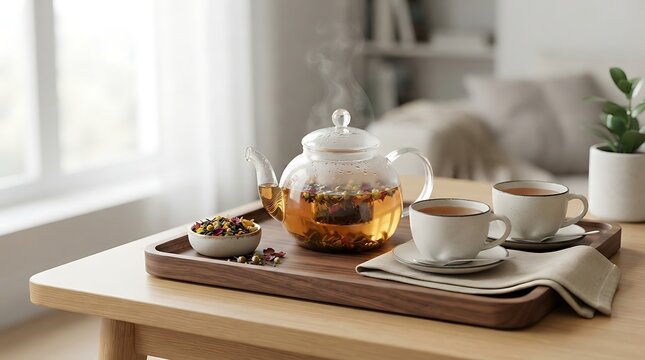 Glass teapot with steaming herbal flower tea, ceramic cups and dried tea blend on walnut tray, cozy home.