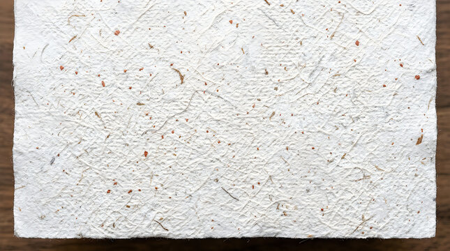 Close up of light grey handmade paper texture with small dark fiber particles and rough edges