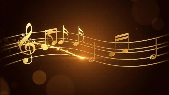 Golden Musical Notes on Staff Lines with Bokeh Background, Elegant 3D Illustration for Music Industry and Artistic Projects