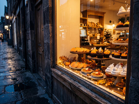 Cozy bakery shop window at dusk displaying Halloween pastries, pumpkin cookies, ghost meringues, candy corn cupcakes and pumpkin pies, wet cobblestone street outside