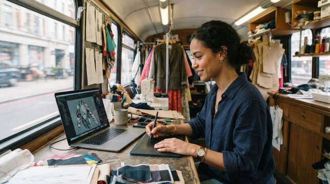 Woman designs garments at her bustling workshop. She smiles, focused, surrounded by fabric and tools. Natural light floods the space from large windows. Her laptop displays sketches as she works