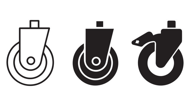 Caster wheel icon set, industrial furniture wheel vector graphics, office chair caster symbols, heavy duty wheel roller silhouette clip art