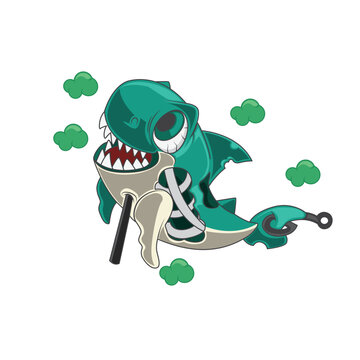 A shark infected with a virus will turn into a Halloween zombie good for mascot, poster and tshirt design
