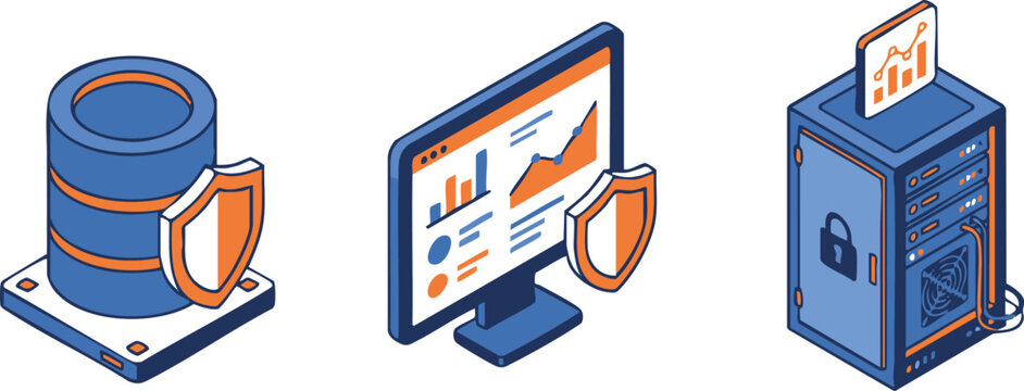 Isometric Vector Icons Set of Data Security Server Rack and Analytics Dashboard