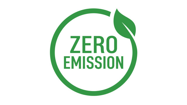 Zero emission green badge logo featuring clean typography and leaf illustration for environmental awareness concepts