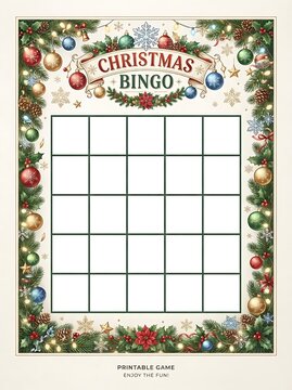 Christmas bingo printable game template with festive holiday border