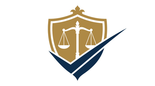 Golden law shield emblem featuring balanced justice scales and dark blue checkmark graphic vector illustration