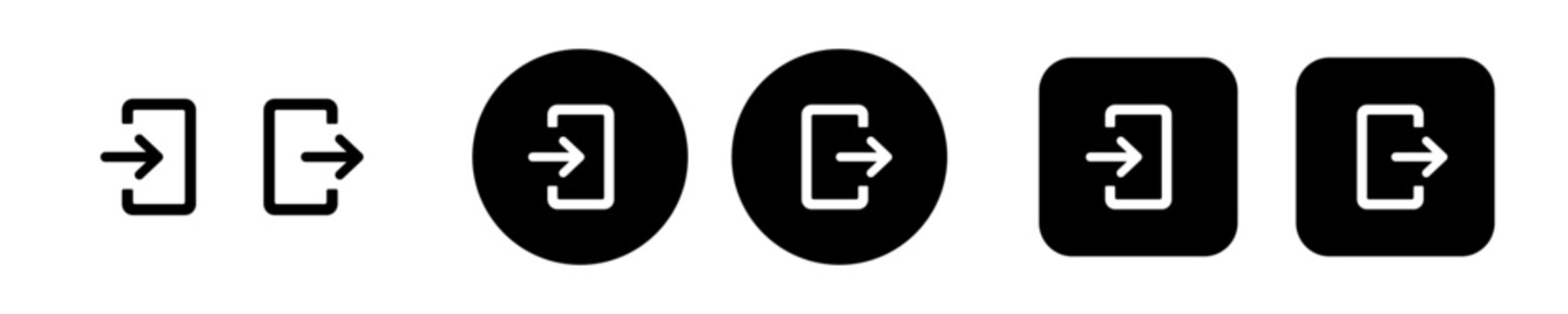 Login and logout button icon set with sign in and sign out symbols. User account access and authentication icons for navigation, apps and web interfaces