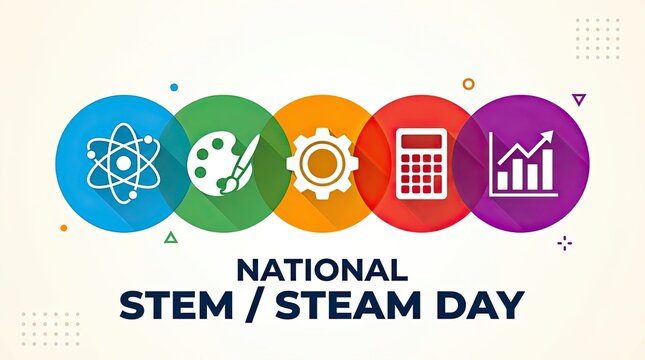 Colorful graphic celebrating national stem and steam day with educational icons with mathematics fields through symbolic icons vibrant circles Illustration highlights science technology engineering