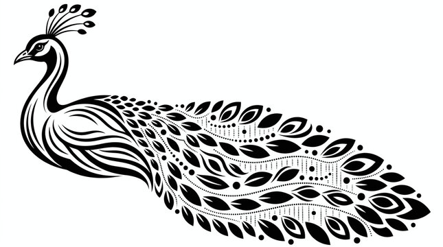 Elegant black peacock silhouette graphic element isolated on a