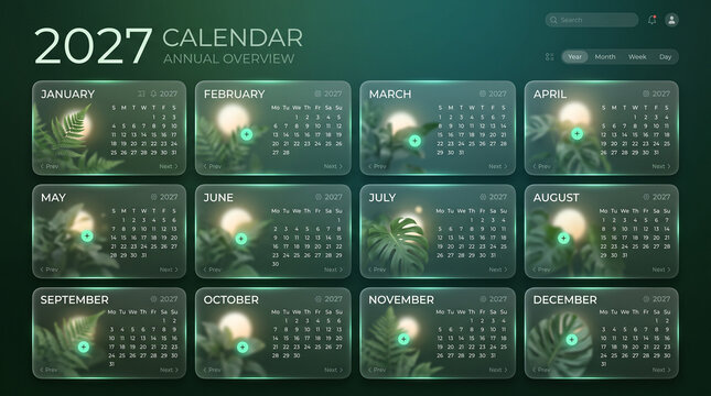 Full year 2027 calendar annual overview interface layout with glowing liquid glass dashboard widgets showing twelve months and botanical green leaf theme for modern schedule planning app